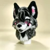 Black‑Gray Kemono Wolf Fursuit Head, Pink Cheek Toony Furry Mask Therian Cosplay Gear