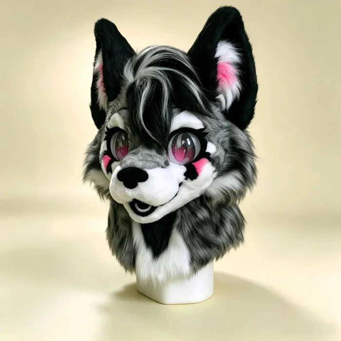 Black‑Gray Kemono Wolf Fursuit Head, Pink Cheek Toony Furry Mask Therian Cosplay Gear