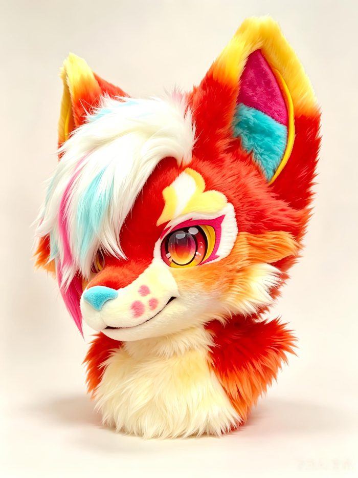 Red Orange Canine Fursuit Head Colorful Kemono Mask with Long Rainbow Hair Scene Furry Cosplay Head Set Therian Mask Mask Kigurumi Mask