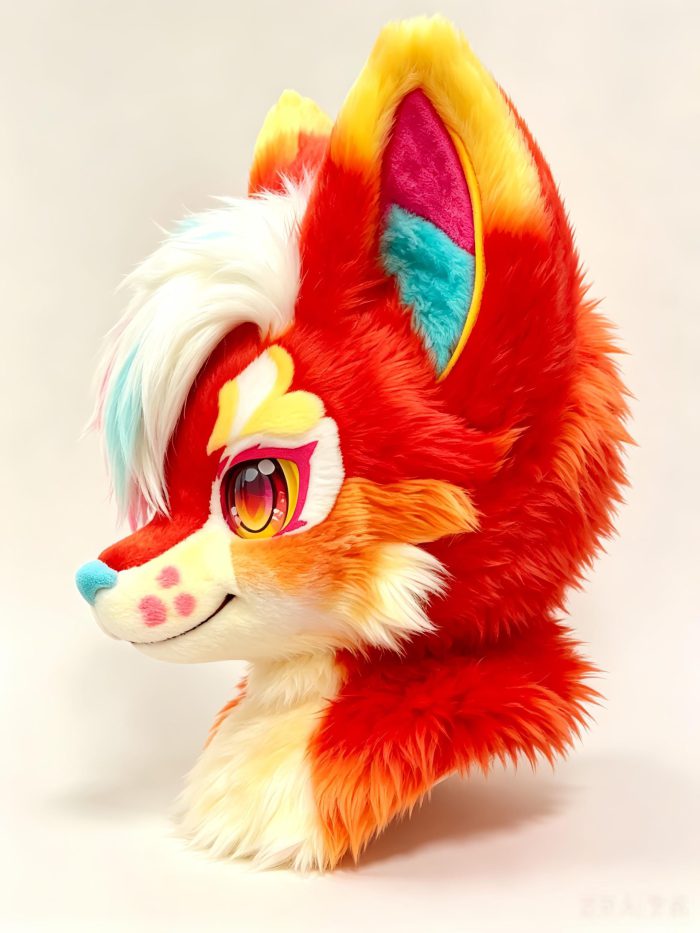 Red Orange Canine Fursuit Head Colorful Kemono Mask with Long Rainbow Hair Scene Furry Cosplay Head Set Therian Mask Mask Kigurumi Mask