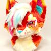 Red Orange Canine Fursuit Head Colorful Kemono Mask with Long Rainbow Hair Scene Furry Cosplay Head Set Therian Mask Mask Kigurumi Mask
