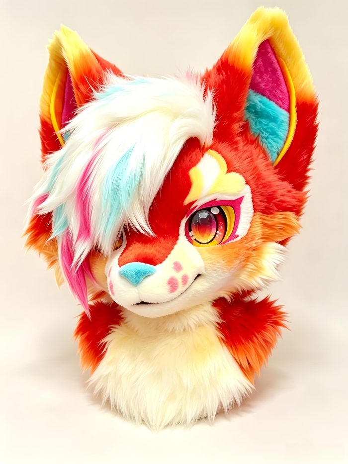 Red Orange Canine Fursuit Head Colorful Kemono Mask with Long Rainbow Hair Scene Furry Cosplay Head Set Therian Mask Mask Kigurumi Mask