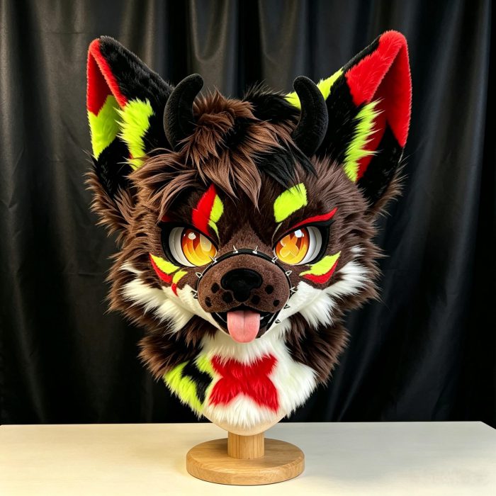 Custom Fursuit Head Demon Wolf Kemono Mask Neon Red Green Markings Devil Horns Furry Cosplay Therian Mask Halloween Gift