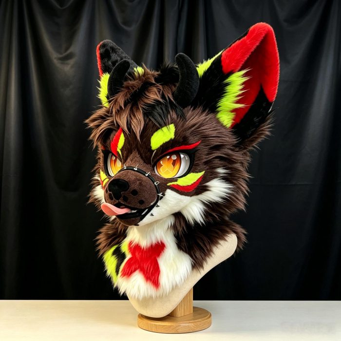 Custom Fursuit Head Demon Wolf Kemono Mask Neon Red Green Markings Devil Horns Furry Cosplay Therian Mask Halloween Gift