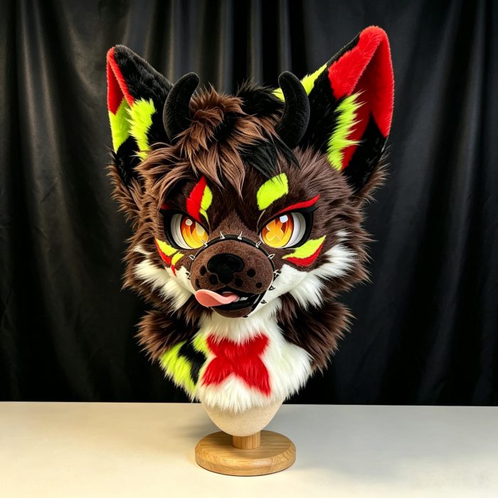 Custom Fursuit Head Demon Wolf Kemono Mask Neon Red Green Markings Devil Horns Furry Cosplay Therian Mask Halloween Gift
