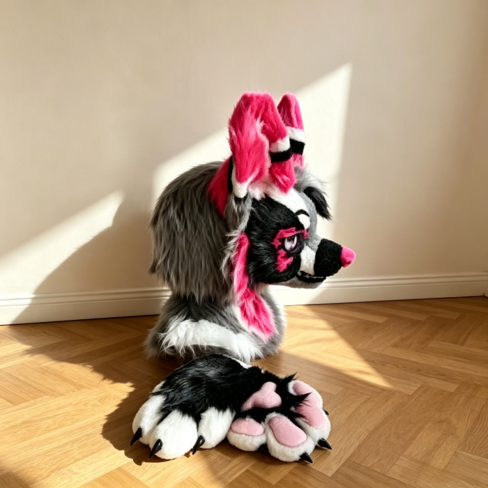 🖤 Pink & Black Kemono Partial Fursuit Set, Handmade Furry Head + Hand Paws, OC Commission Cosplay Mask