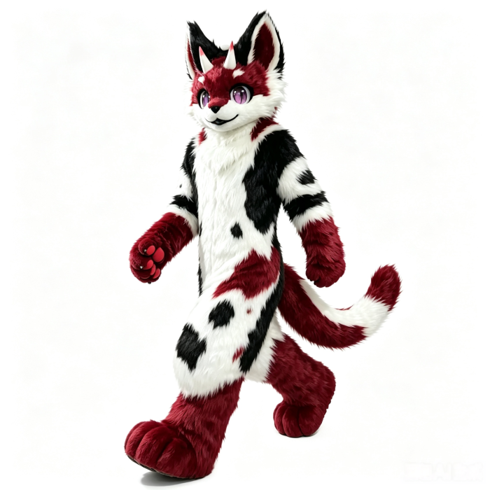 Custom Fursuit – Red Black White Horned Cat Full Body Fursuit
