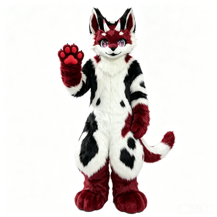 Custom Fursuit – Red Black White Horned Cat Full Body Fursuit