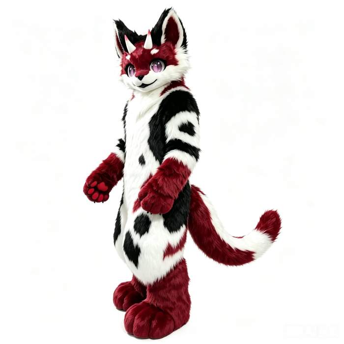 Custom Fursuit – Red Black White Horned Cat Full Body Fursuit