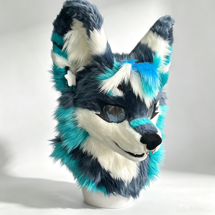 Grey Teal White Wolf Fursuit Head with Nose Ring