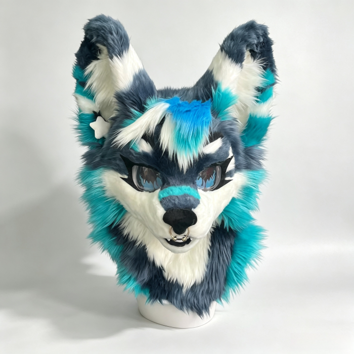 Grey Teal White Wolf Fursuit Head with Nose Ring