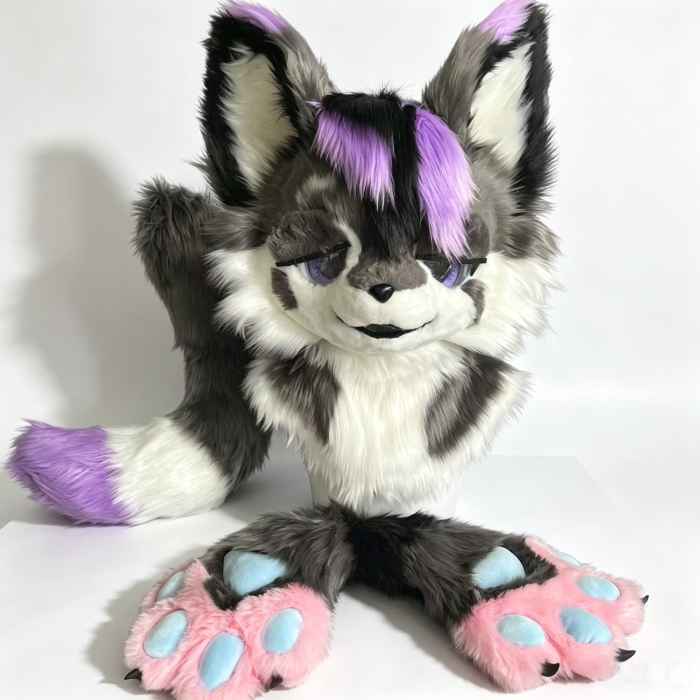 Kemono Grey‑Purple‑Black Fox Partial Fursuit (Head + Hand Paws)
