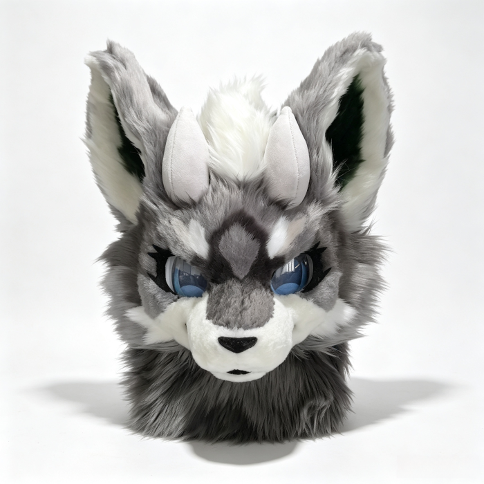 Kemono Grey‑White Demon Wolf Fursuit Head with Small Horns