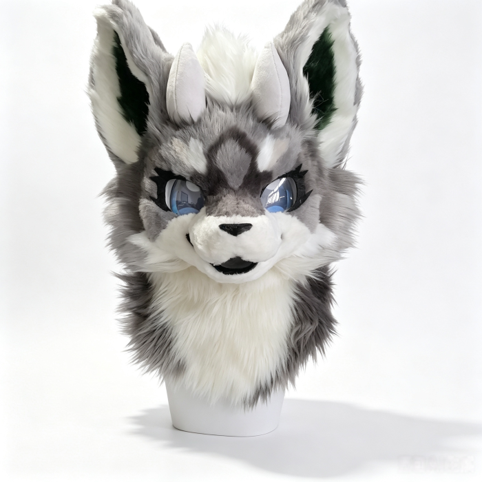 Kemono Grey‑White Demon Wolf Fursuit Head with Small Horns