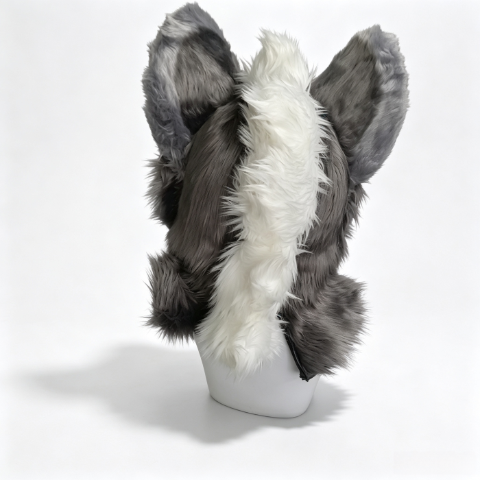 Kemono Grey‑White Demon Wolf Fursuit Head with Small Horns