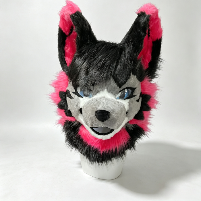 Kemono Black‑Grey‑Hot Pink Wolf Fursuit Head