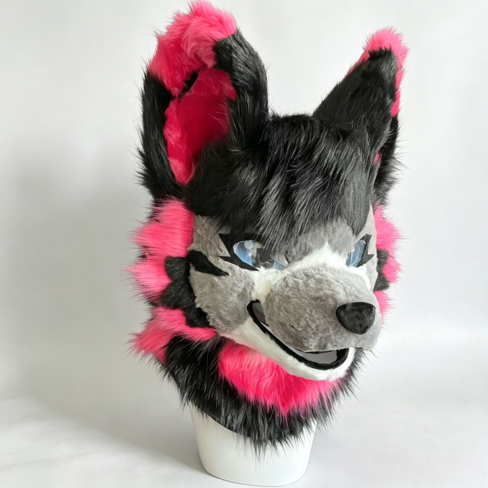 Kemono Black‑Grey‑Hot Pink Wolf Fursuit Head