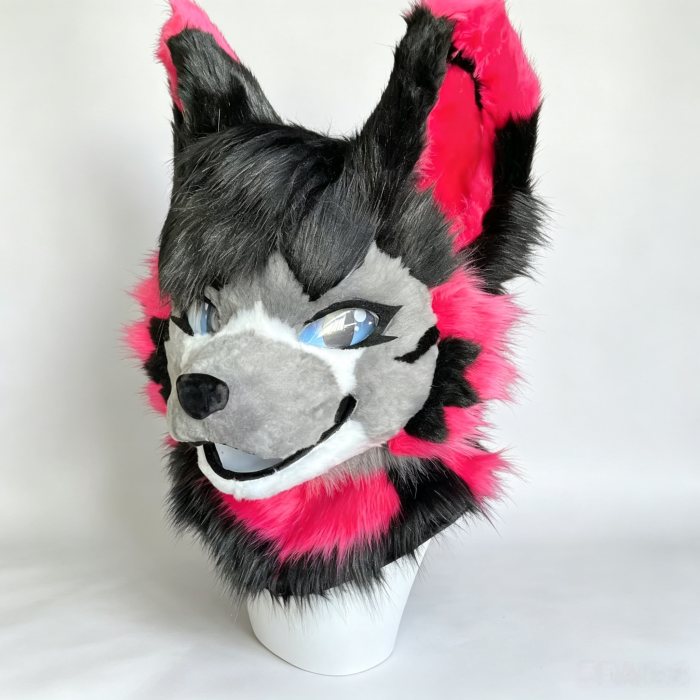 Kemono Black‑Grey‑Hot Pink Wolf Fursuit Head
