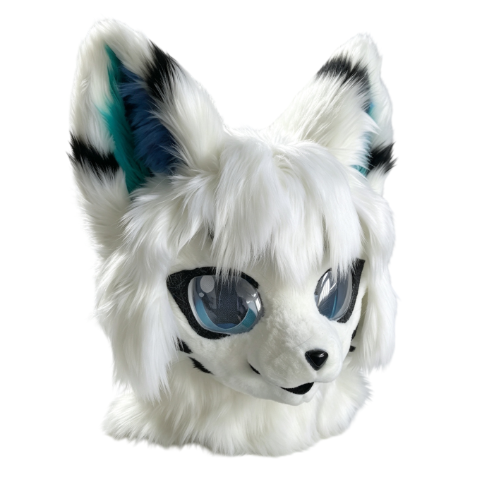 White Snow Fox Kemono Fursuit Head Black Markings Teal Inner Ears