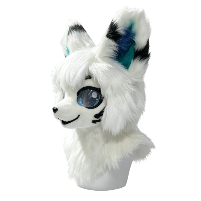 White Snow Fox Kemono Fursuit Head Black Markings Teal Inner Ears